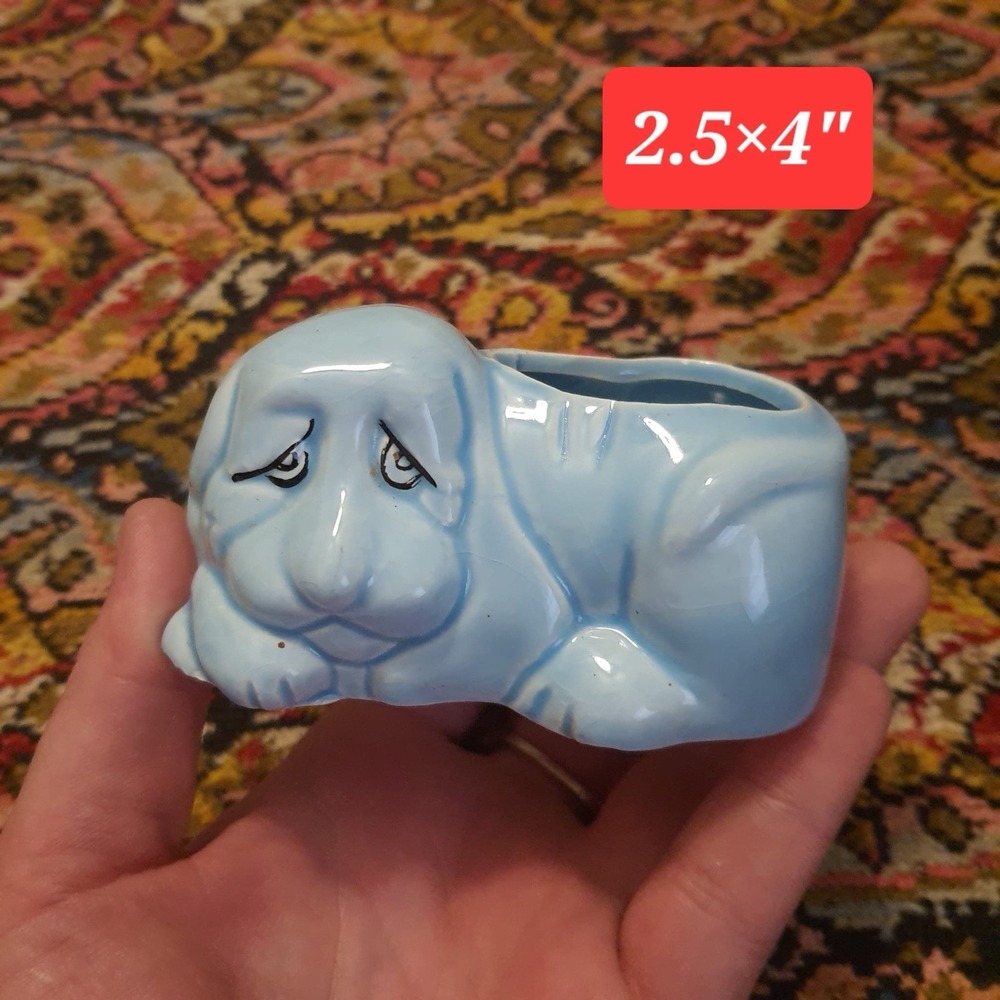 Vintage Mini Whimsical Ceramic Planter Vase Trinket Hound Dog‎ –Blue Gloss Decor